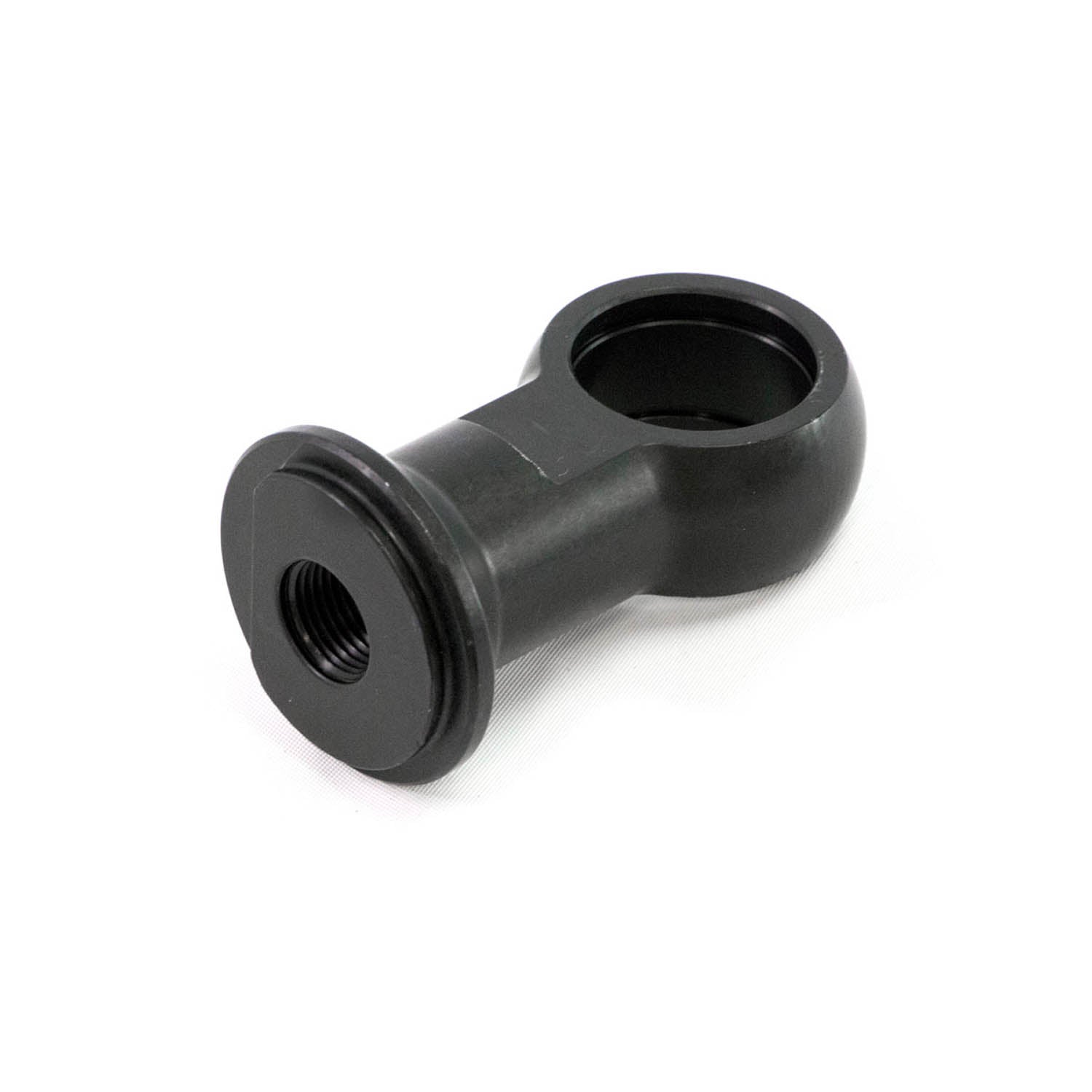 Black cylindrical metal eyelet with threaded hole and rounded opposite end.