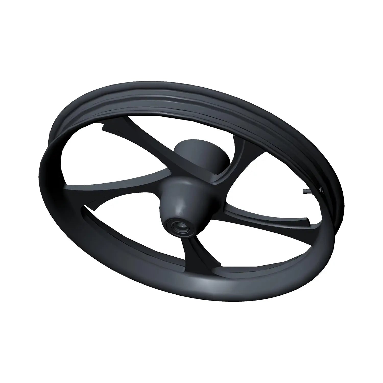 Matte black billet front motorcycle wheel with five wide spokes and central hub.