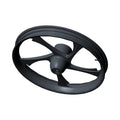 Matte black billet front motorcycle wheel with five wide spokes and central hub.