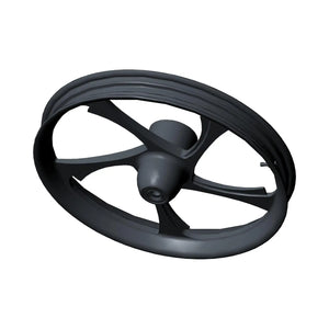 Matte black billet front motorcycle wheel with five wide spokes and central hub.