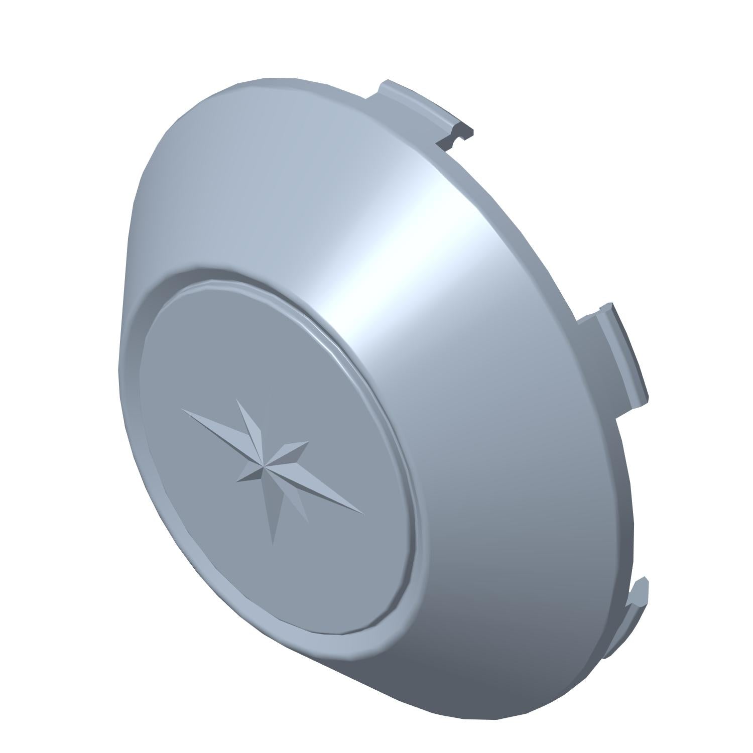 Black plastic round rim center cap with embossed Polaris star logo and locking tabs.