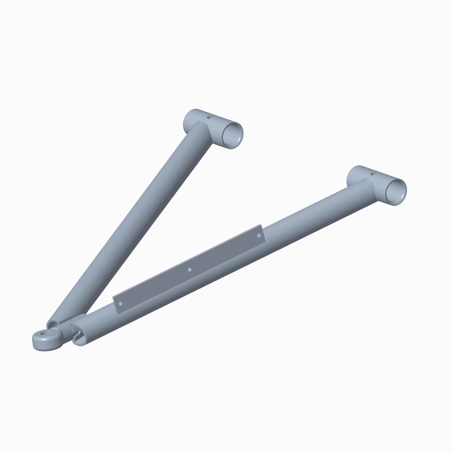 Matte black metal right A-arm suspension component with mounting holes and tubular design.