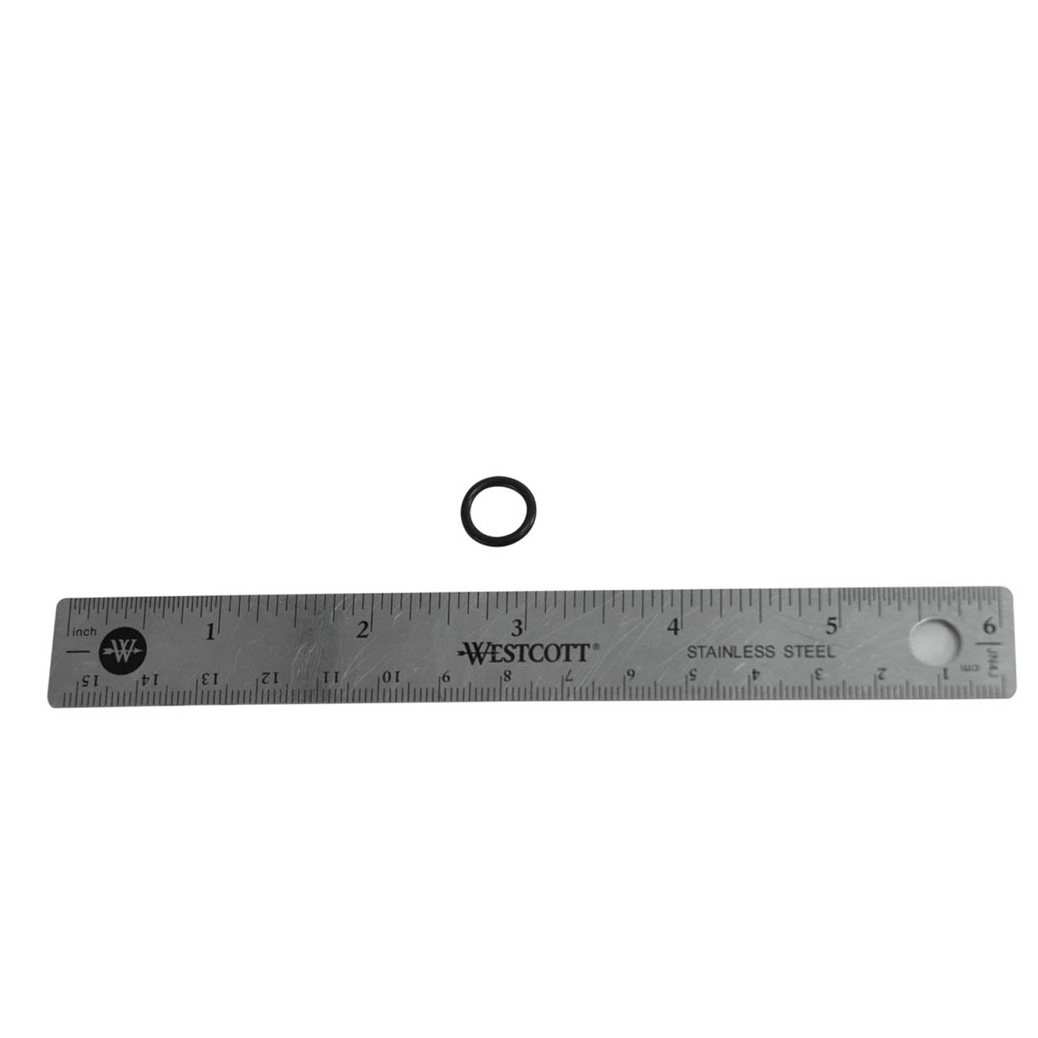 Small black rubber O-ring next to a 6-inch metal ruler for size reference.