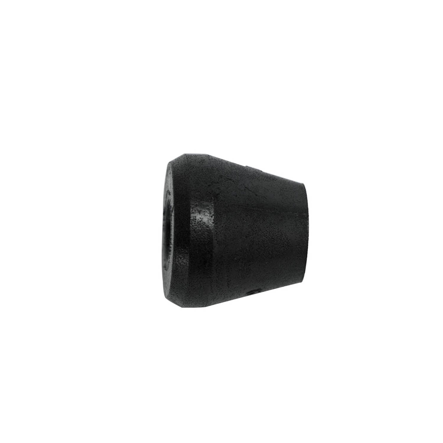 Black rubber tapered bump stop with smooth surface and hollow center opening.