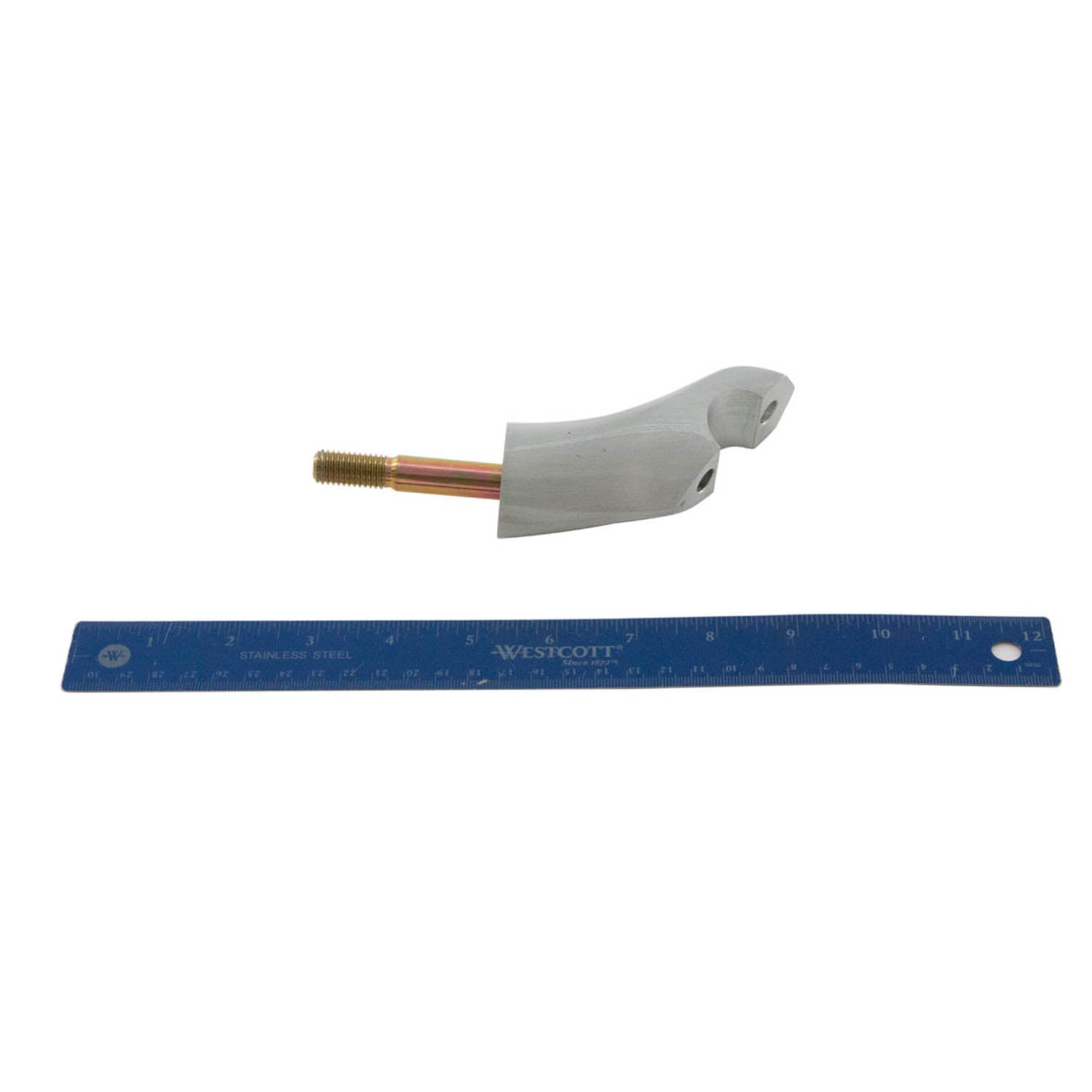 Silver metallic handlebar riser with threaded brass mounting bolt beside a blue 12-inch ruler.