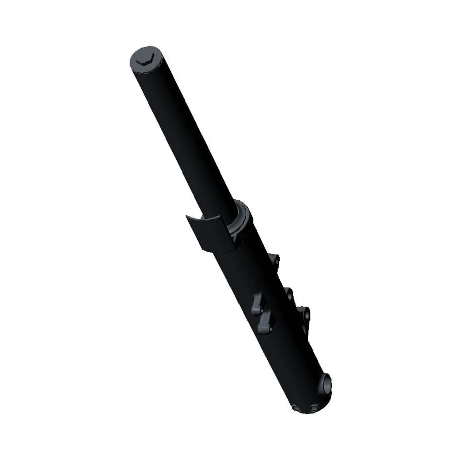 Black metal right fork leg for motorcycle, cylindrical with mounting points and smooth finish.