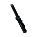 Black metal right fork leg for motorcycle, cylindrical with mounting points and smooth finish.