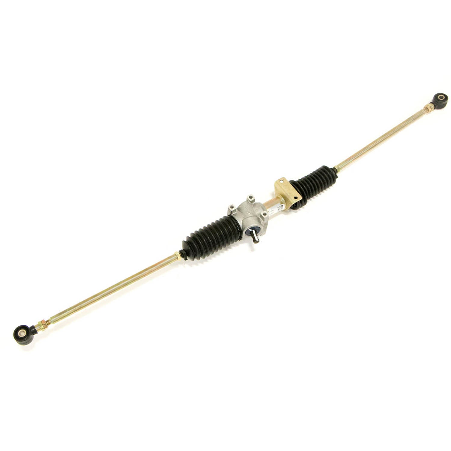 Metal steering gear box with gold-colored rods and a central silver housing with black rubber accordion boots on each side.