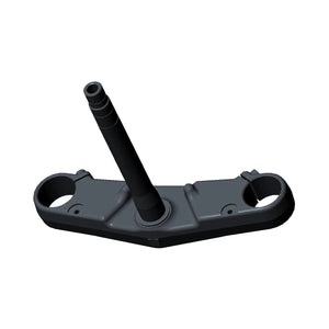 Black metal lower triple tree clamp with centered steering stem and two circular handlebar mounts.