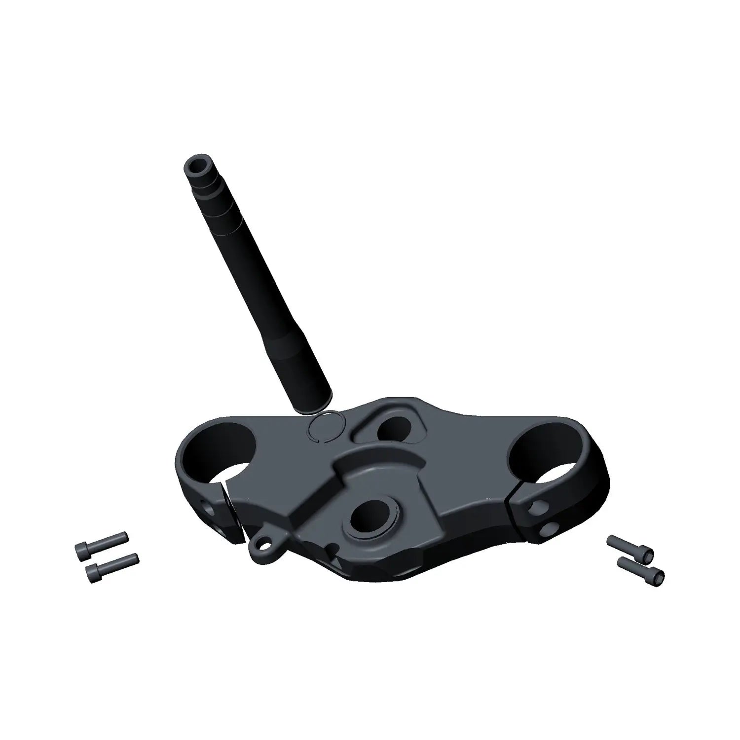Matte black metal triple tree lower bracket with integrated steering stem and four mounting screws.