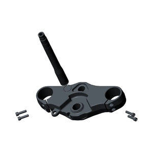 Matte black metal triple tree lower bracket with integrated steering stem and four mounting screws.