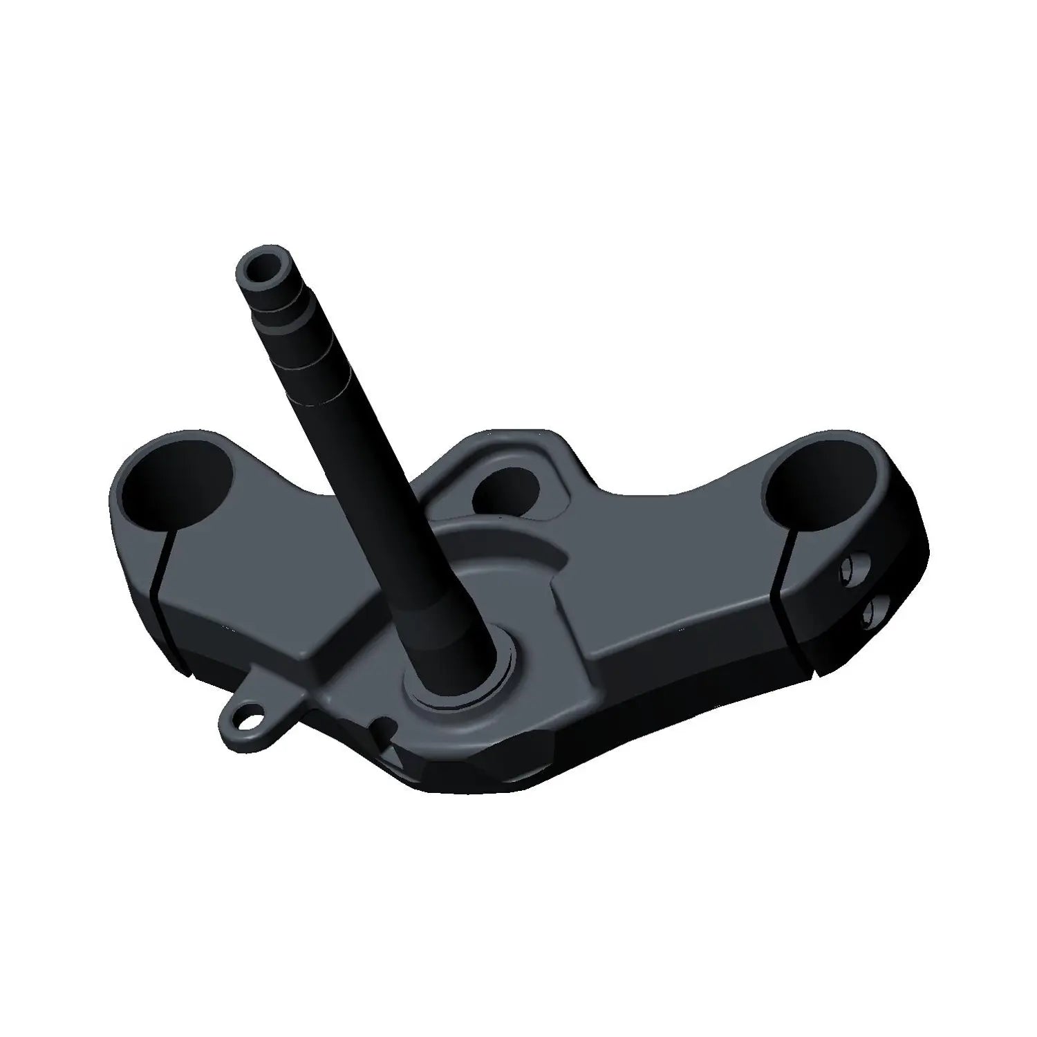 Black metal triple tree bracket with central steering stem and two circular clamps for motorcycle forks.