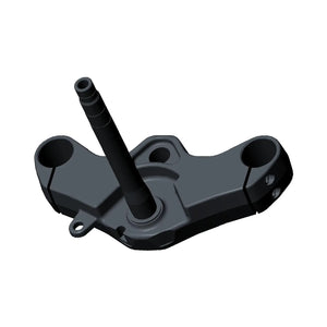 Matte black metal motorcycle triple tree bracket with a central vertical stem and two circular clamp mounts on each side.