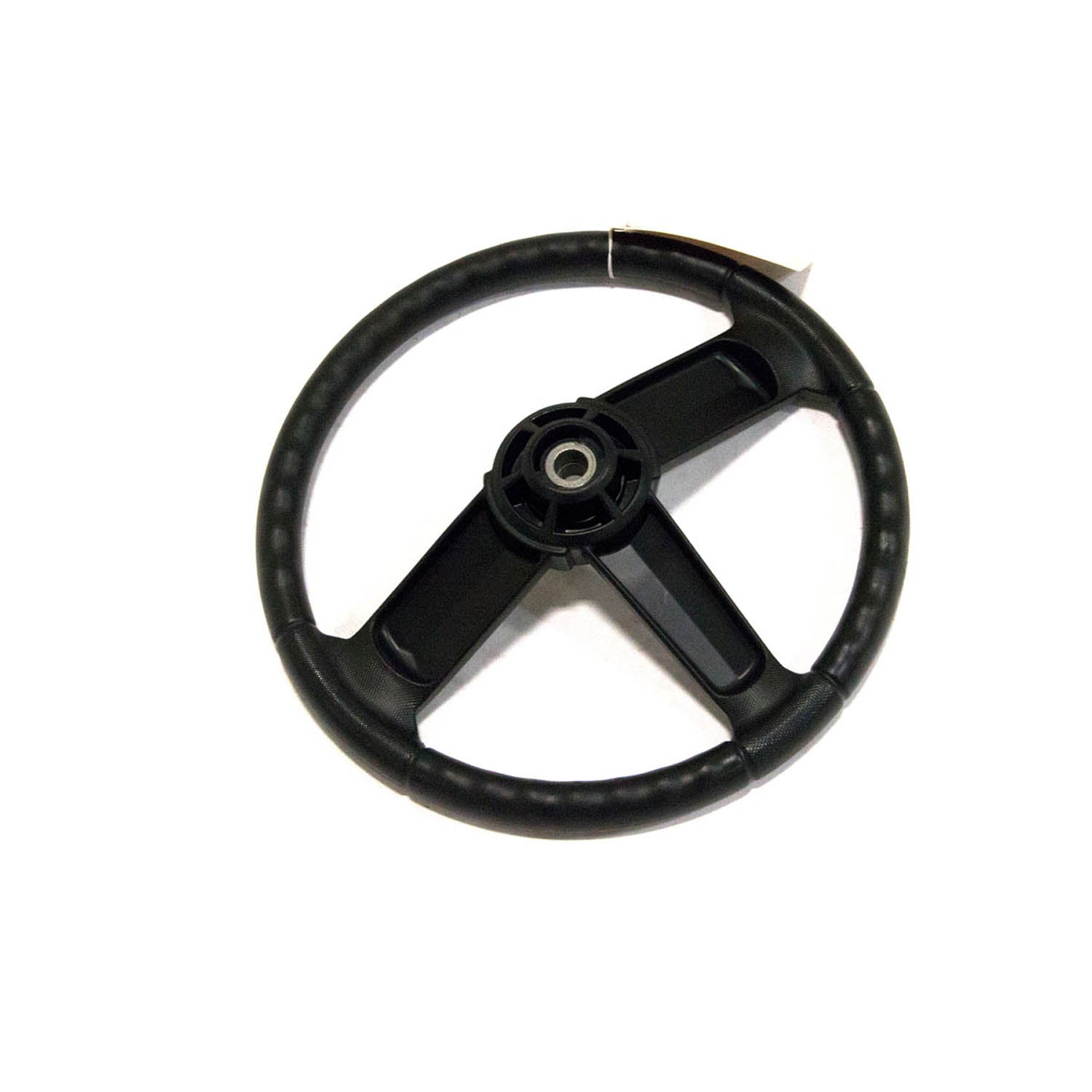Black three-spoke steering wheel with textured grip and central mounting hub.