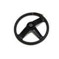 Black three-spoke steering wheel with textured grip and central mounting hub.