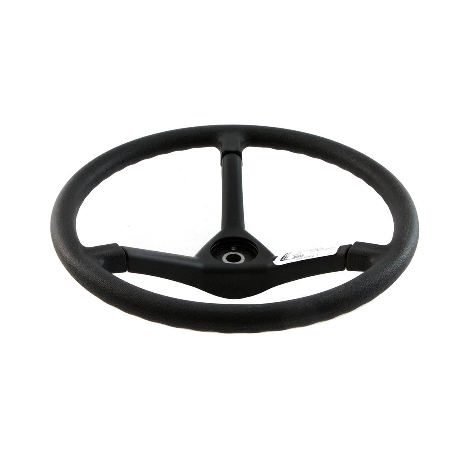 Black three-spoke steering wheel with central mounting hub for Polaris UTVs.