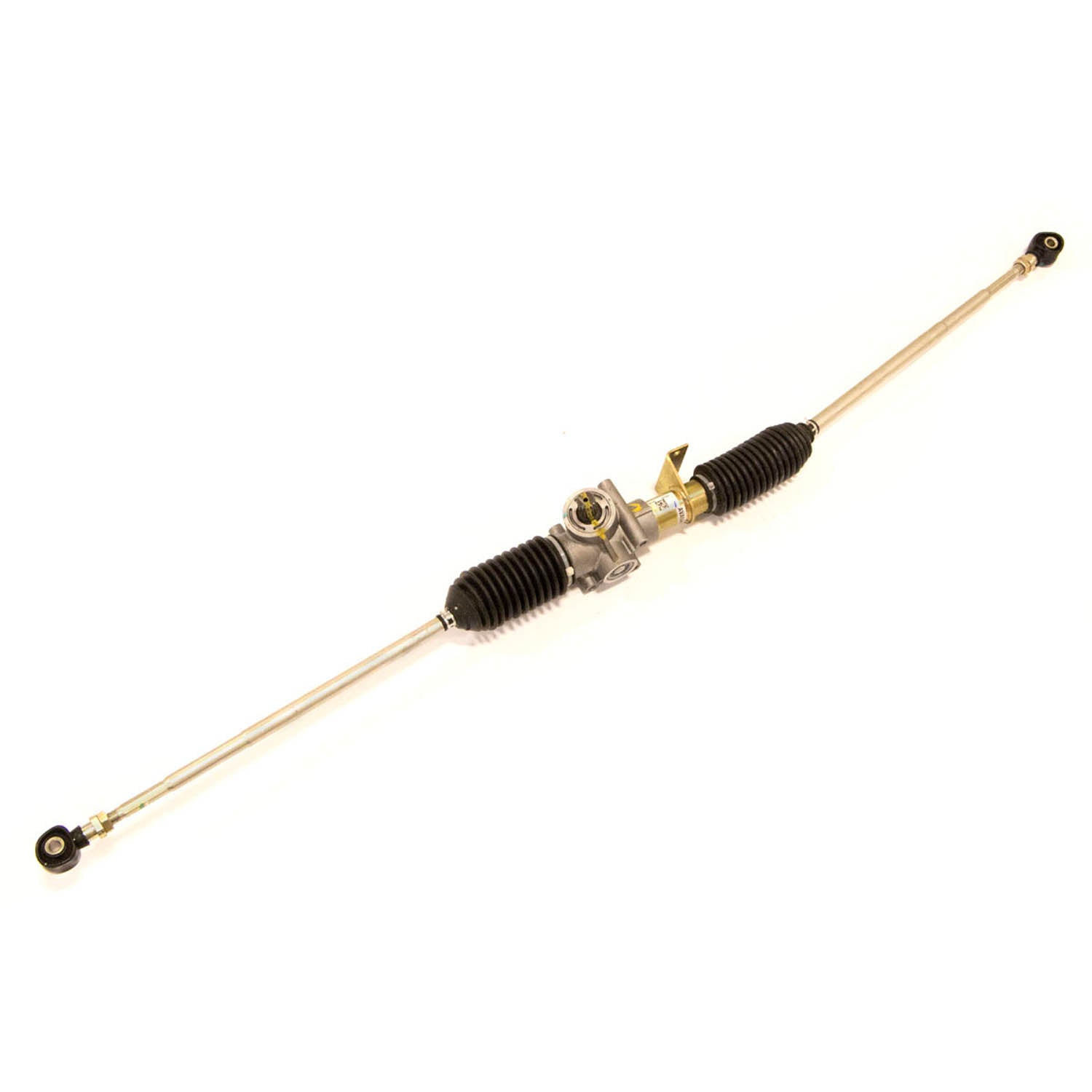 Metal steering gear box with black rubber bellows on each side and adjustable rod ends for offroad vehicles.