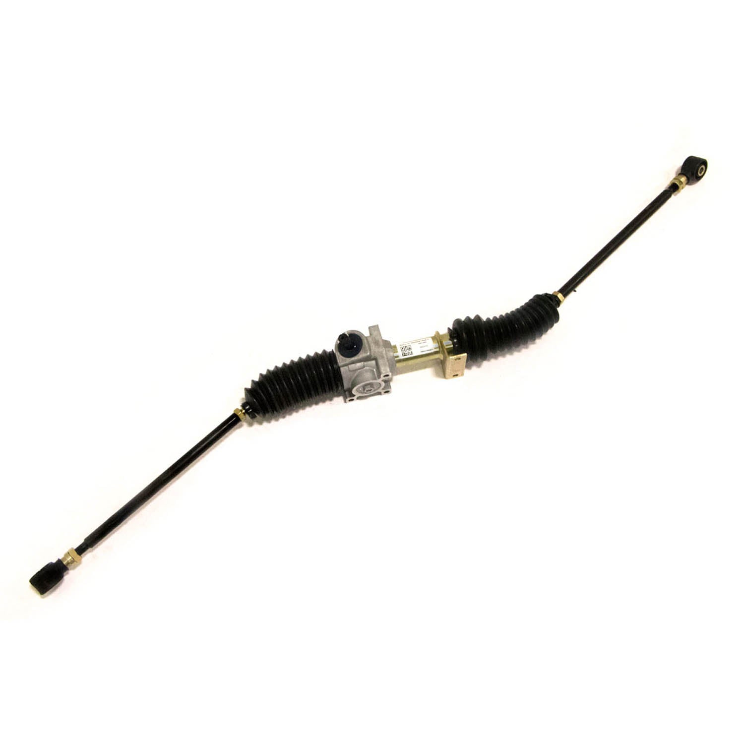 Metal steering gear box with black rubber accordion boots on each end and mounting points in the center.