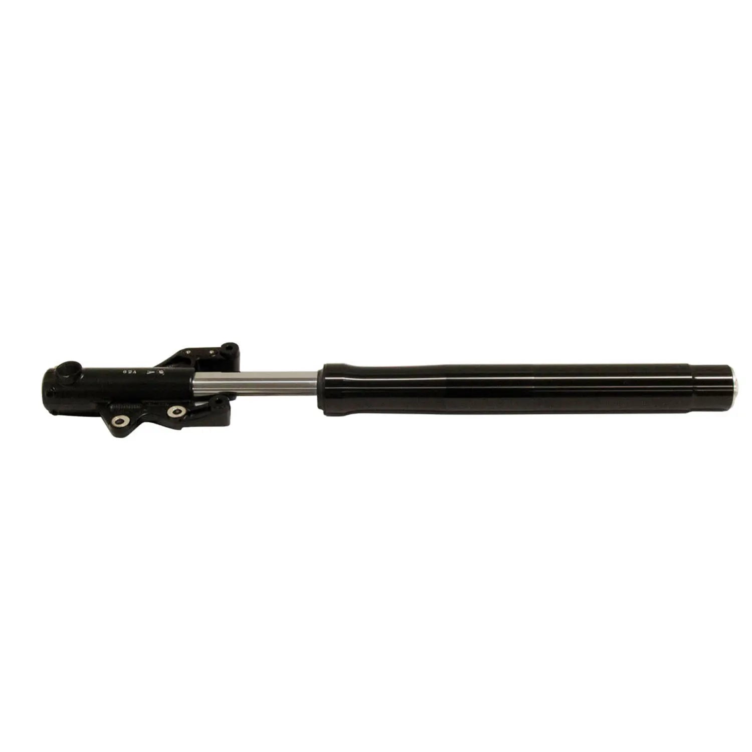 Black metal right fork leg with mounting points and smooth cylindrical tube for motorcycle suspension.
