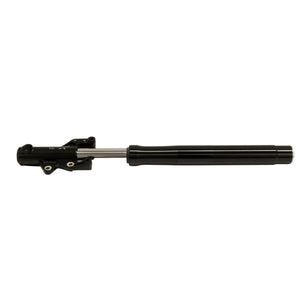 Black metal right fork leg with mounting points and smooth cylindrical tube for motorcycle suspension.