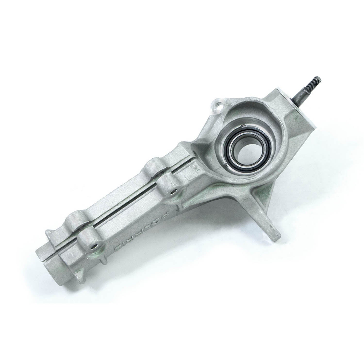 Silver metal wheel hubstrut with bearing and mounting points for right side 4X4 Polaris ATV.