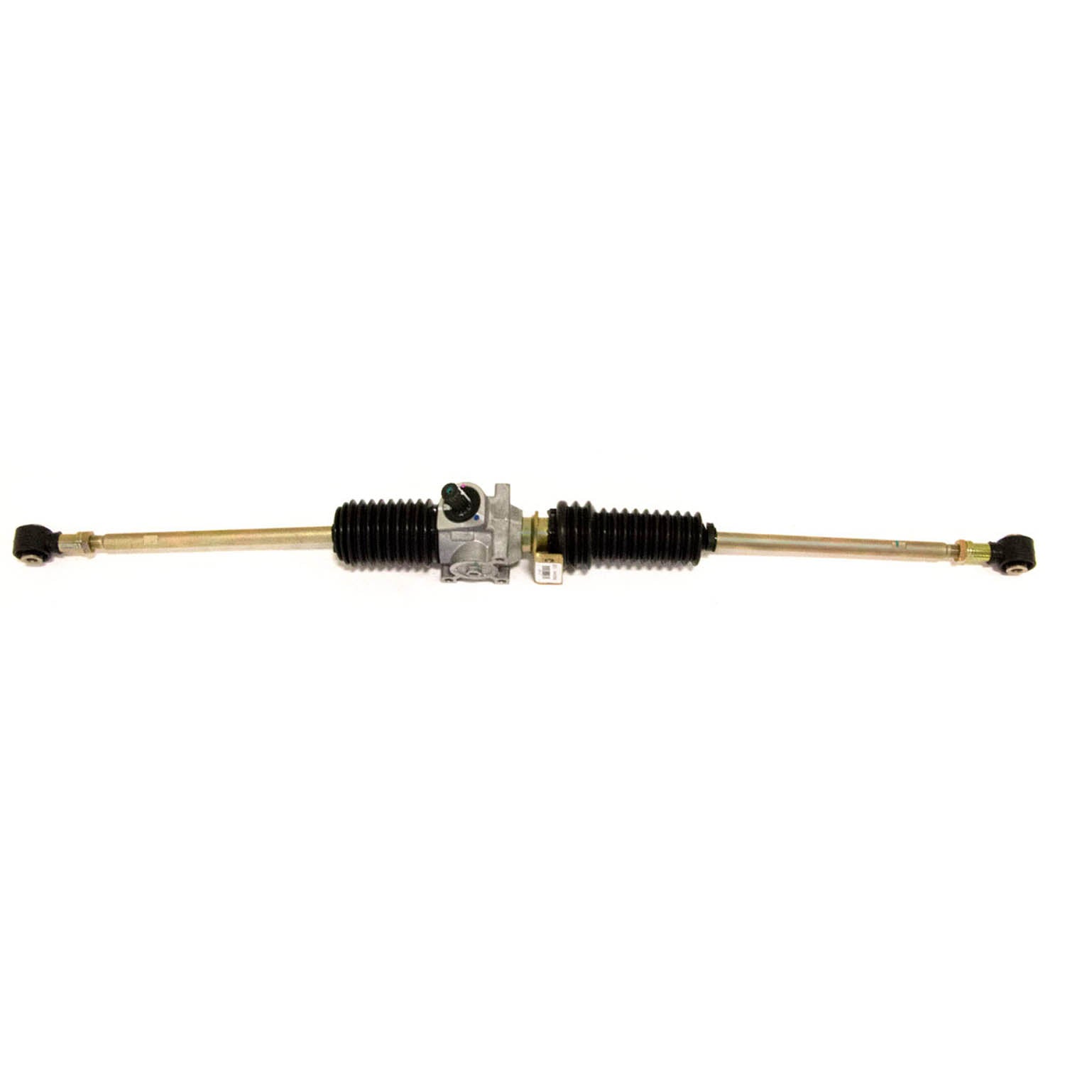 Metal steering gear box with dual black rubber bellows and attached gold-colored tie rods for offroad vehicle steering.