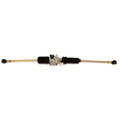 Metal steering gear box with dual black rubber bellows and attached gold-colored tie rods for offroad vehicle steering.