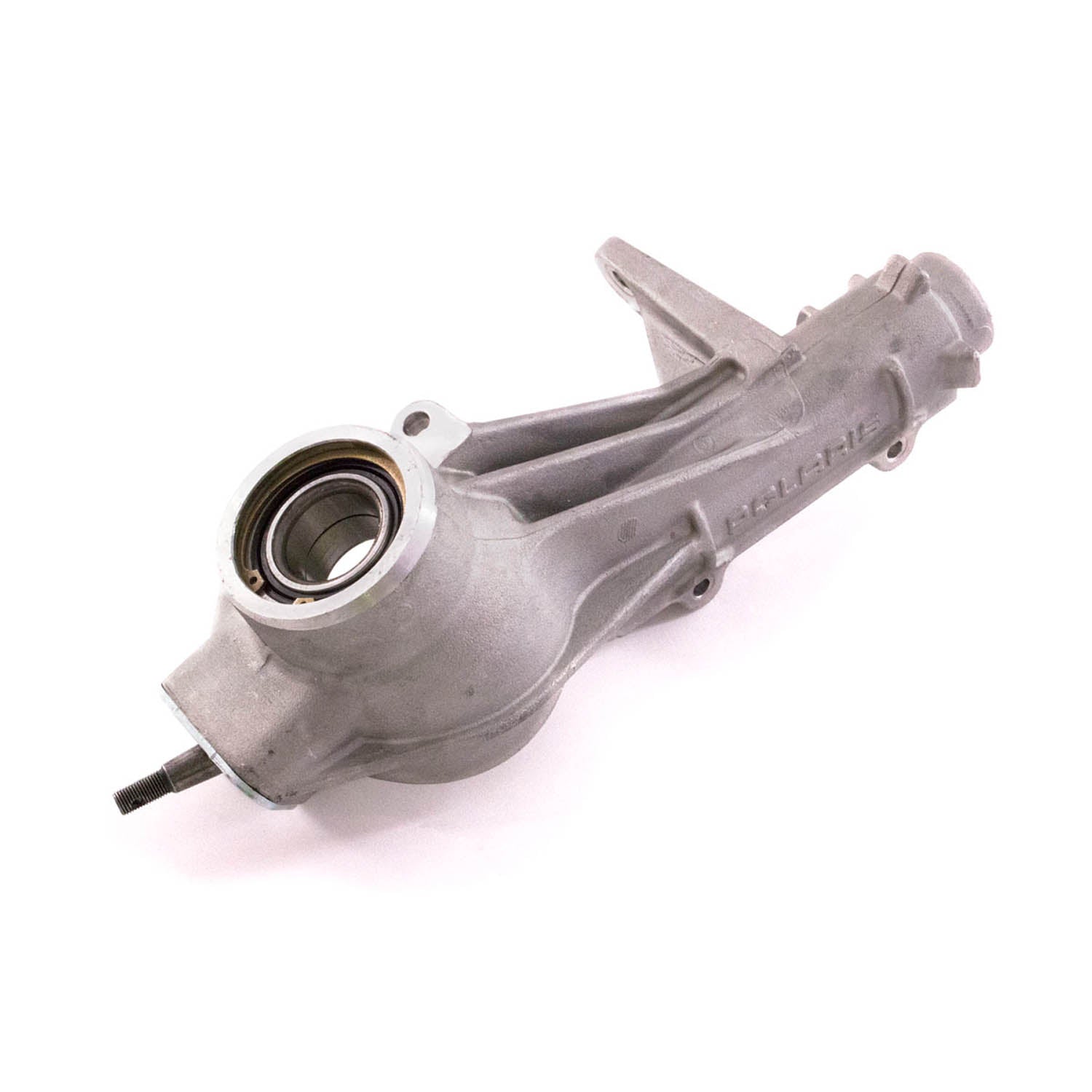 Silver metal hubstrut with bearing and mounting points for Polaris UTV suspension system.