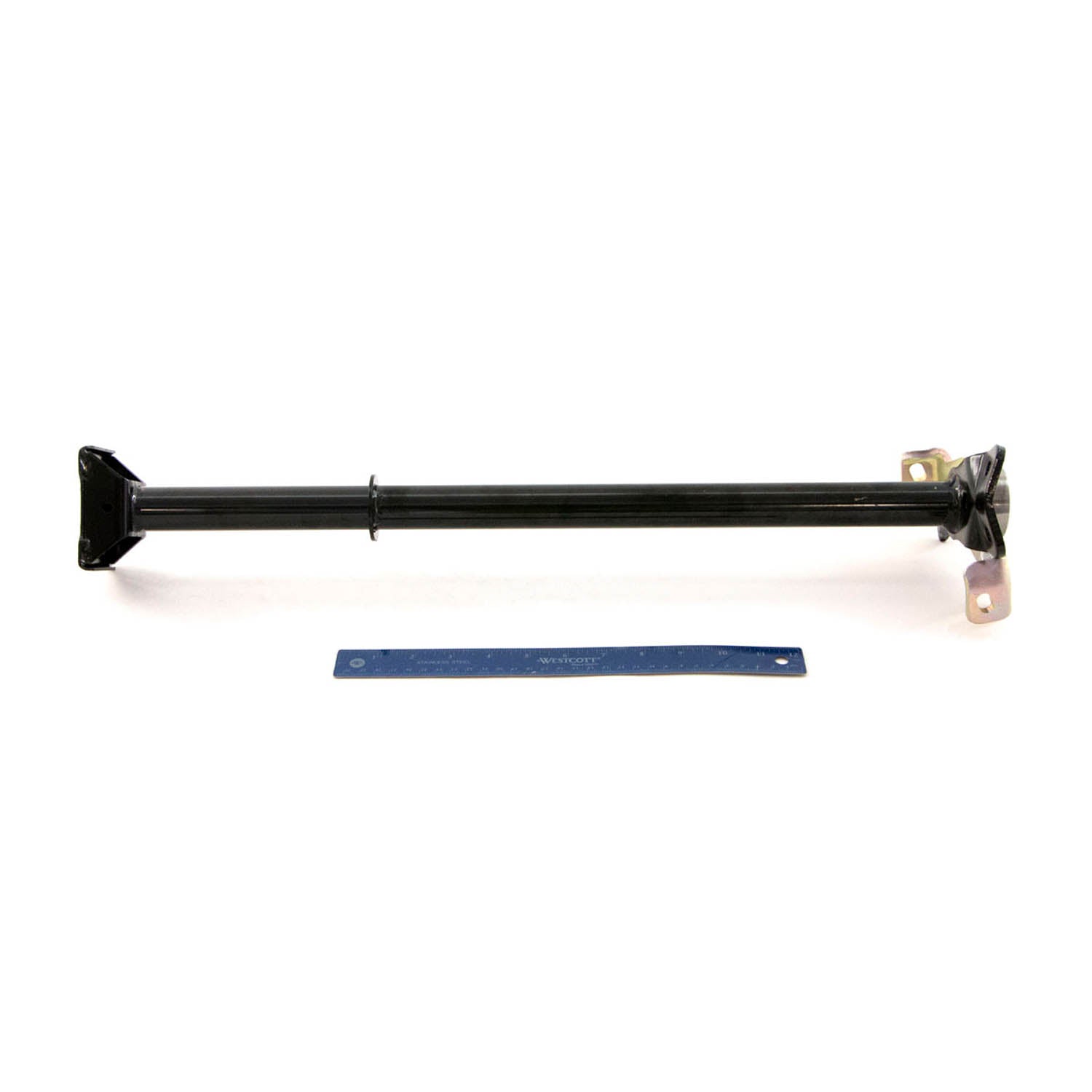 Black metal steering column post with mounting brackets and hardware on white background.