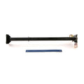 Black metal steering column post with mounting brackets and hardware on white background.