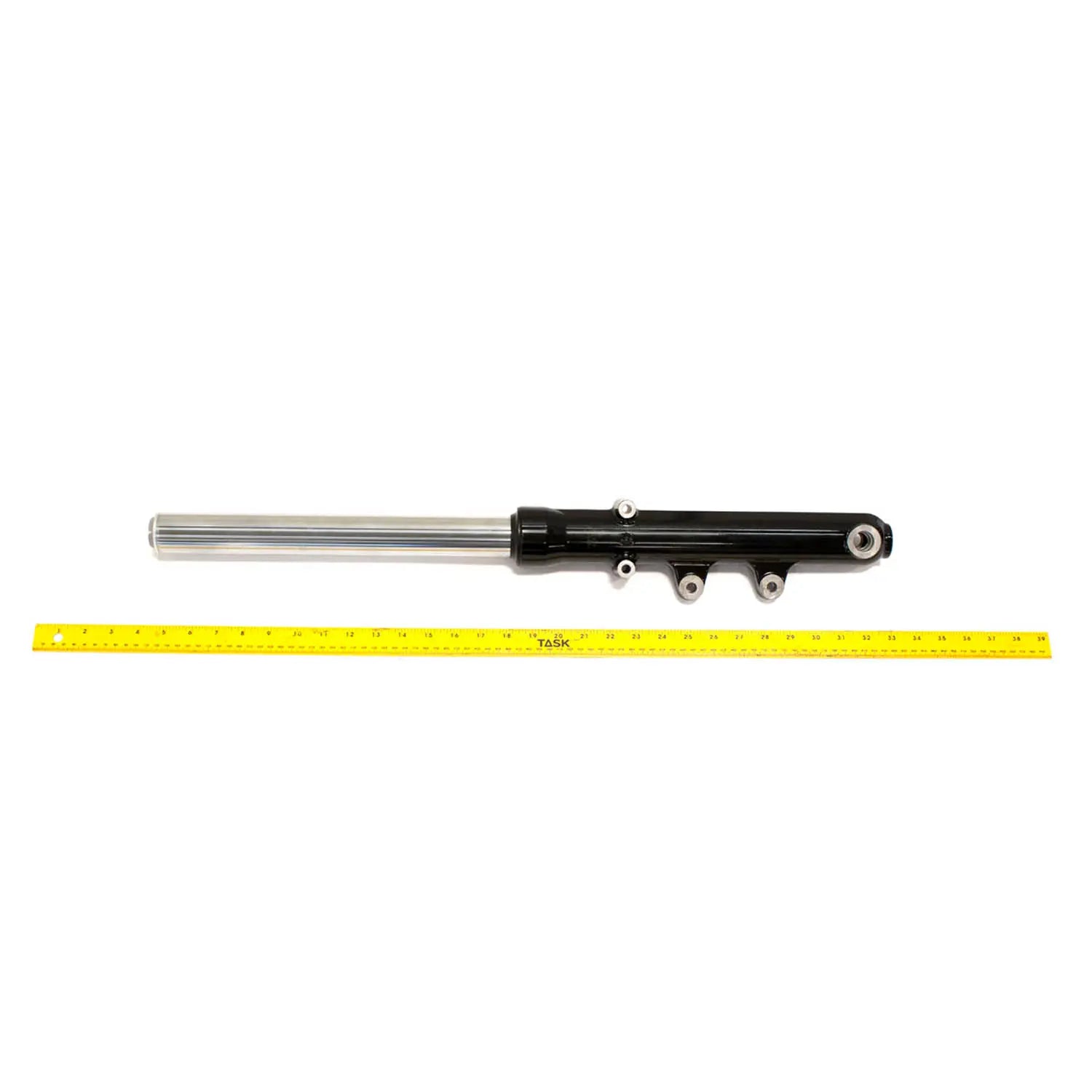 Black and silver metal motorcycle fork leg with mounting holes and integrated clamp section.