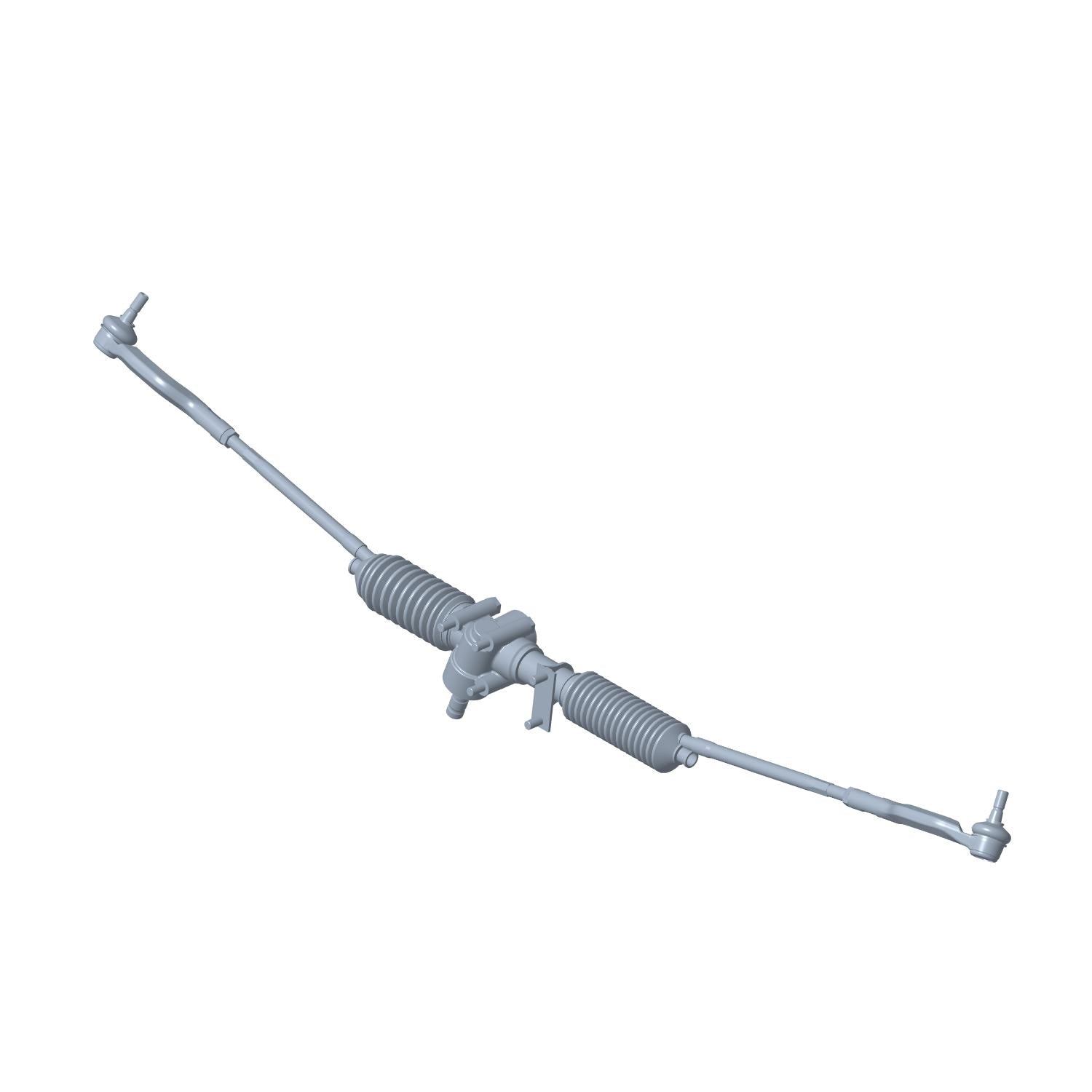 Gray metal steering gear box with rubber bellows on each side and adjustable tie rods.