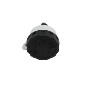 Black plastic cap with molded grip texture on white cylindrical reservoir for motorcycle master cylinder.