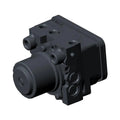 Black rectangular ABS module with cylindrical housing and multiple ports for motorcycle braking system.
