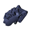 Black metal motorcycle front brake caliper bracket with integrated boot and mounting points.