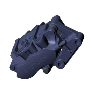 Black metal motorcycle front brake caliper bracket with integrated boot and mounting points.