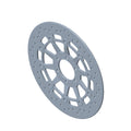 A 3D-rendered image of a black Front or Rear Brake Rotor (Replaced by 1911624-266) by Polaris, featuring a geometric pattern of holes and cutouts—ideal for Victory motorcycle braking systems—shown at an angle.