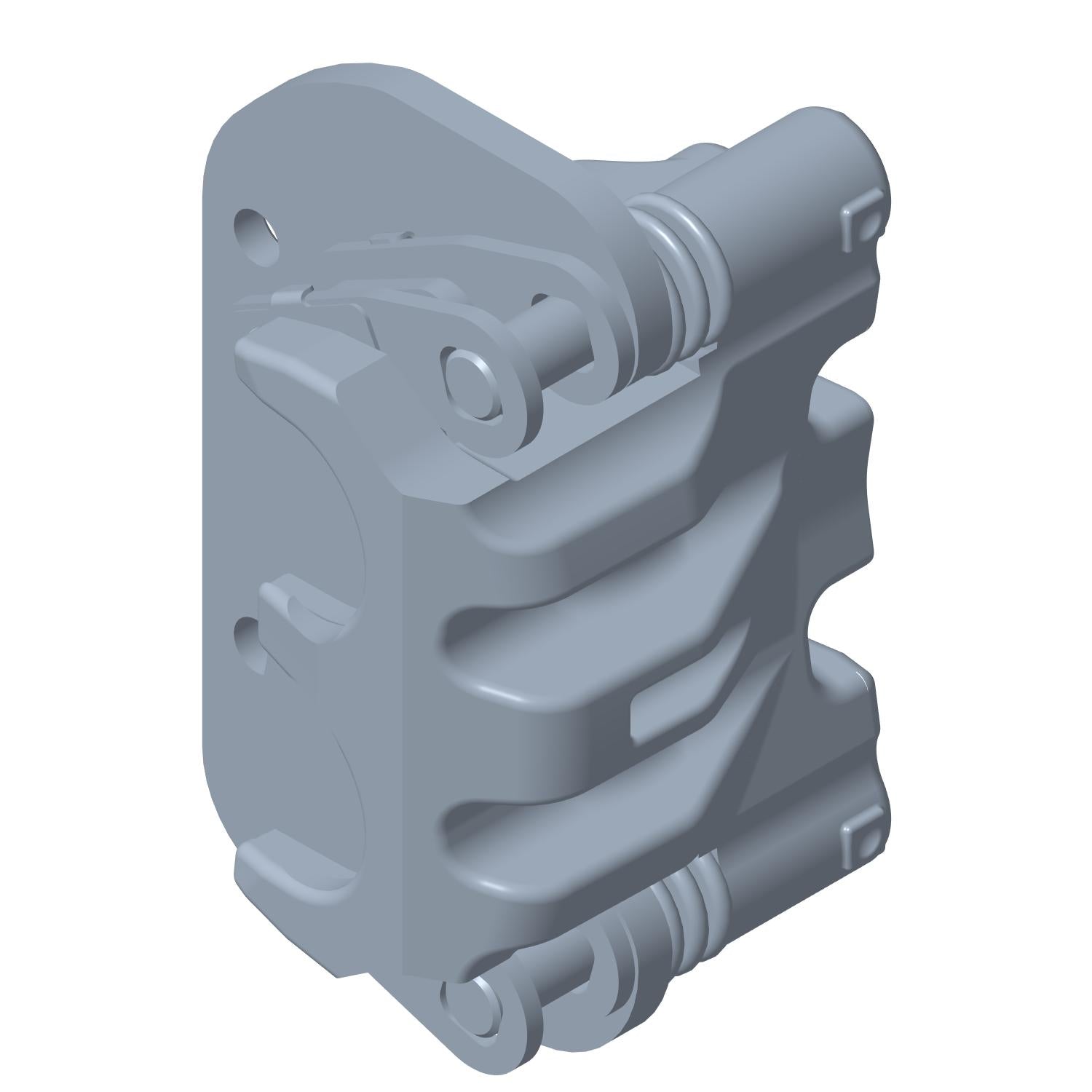 Gray metallic brake caliper with curved cooling fins and mounting points, compact design.