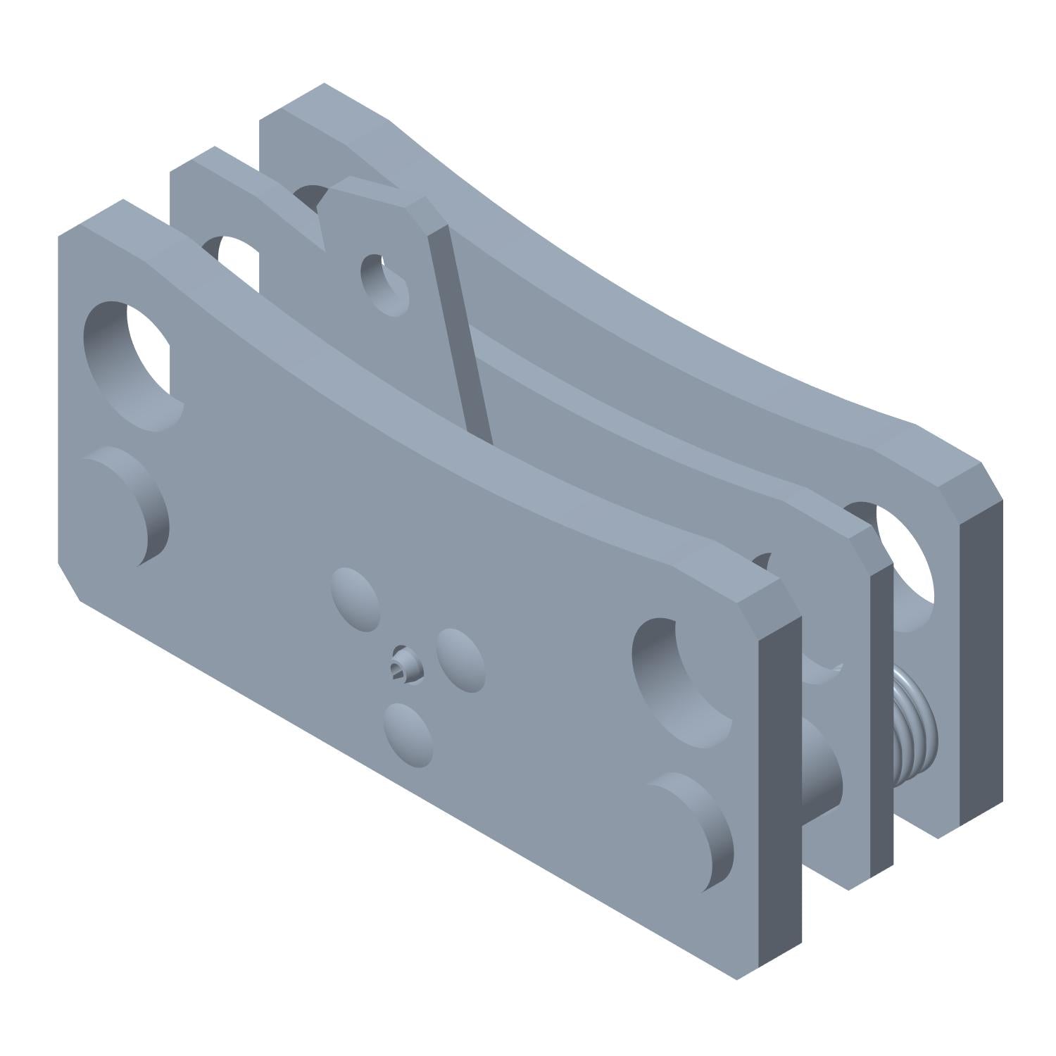 Gray metal parking brake caliper with mounting holes and a compact block design.