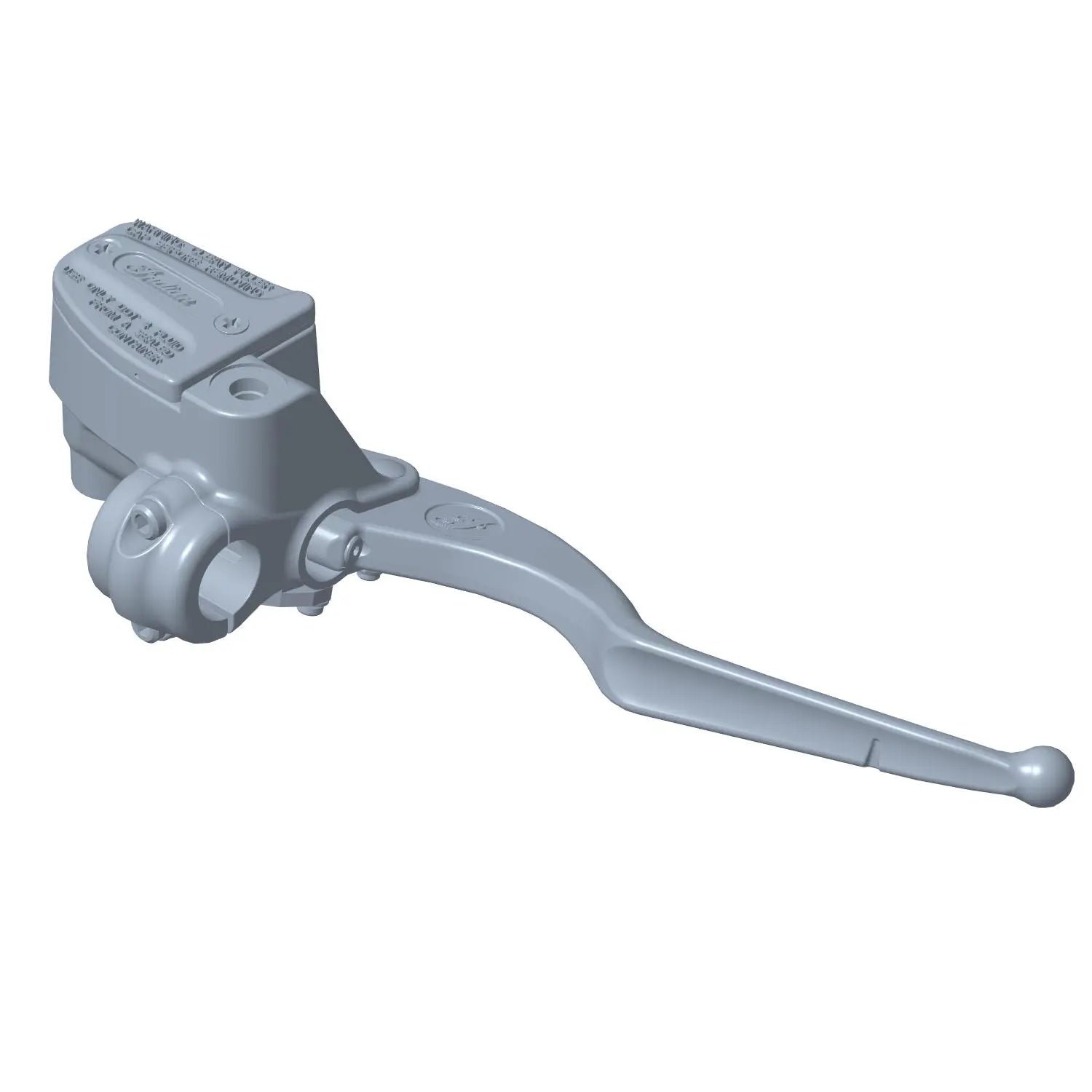 Gray metal master cylinder cover gasket with attached curved lever and mounting points.