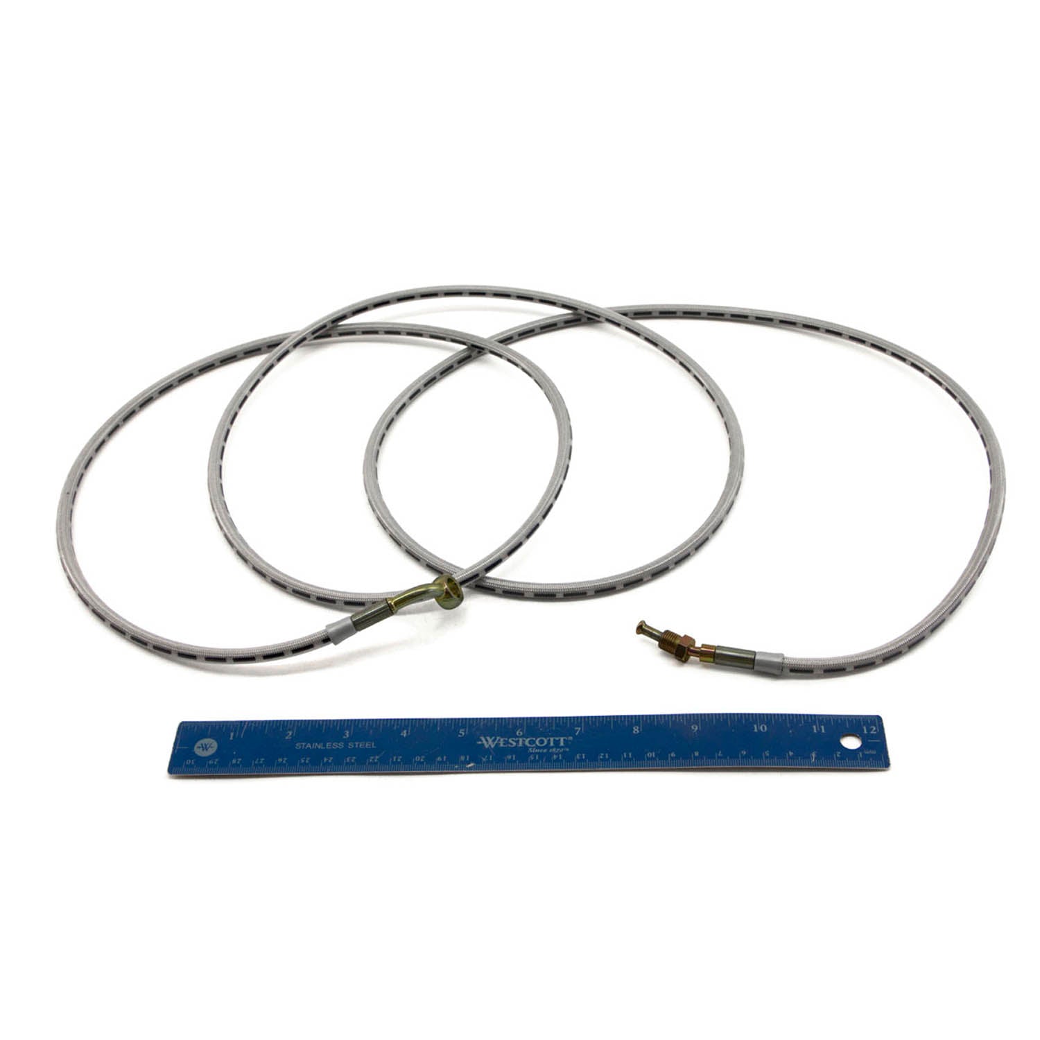 Coiled silver braided metal brake line with metal fittings, shown next to blue 12-inch ruler for scale.