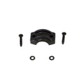 Black curved throttle control clamp with two black screws and two star washers.