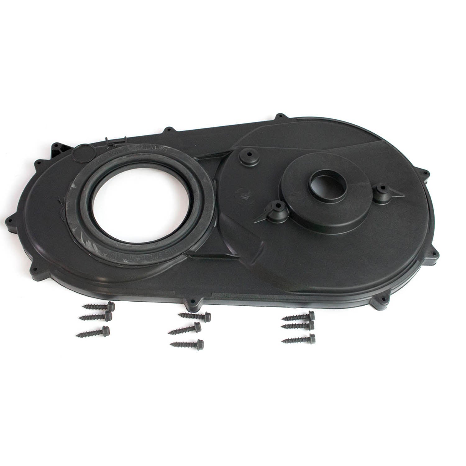 Black plastic inner clutch cover kit with circular openings and six accompanying screws.