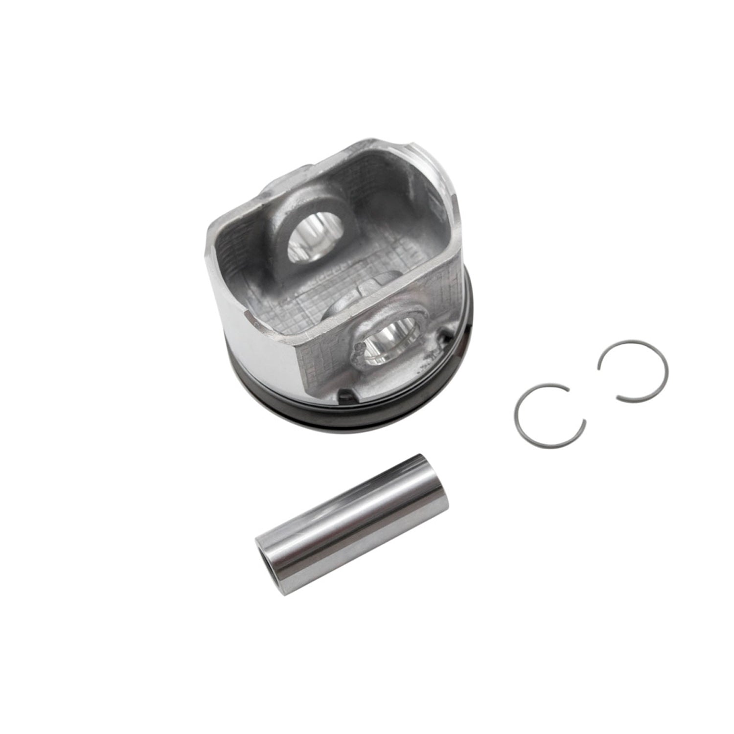 Silver metal piston with black gasket ring, cylindrical pin, and two small circular clips.