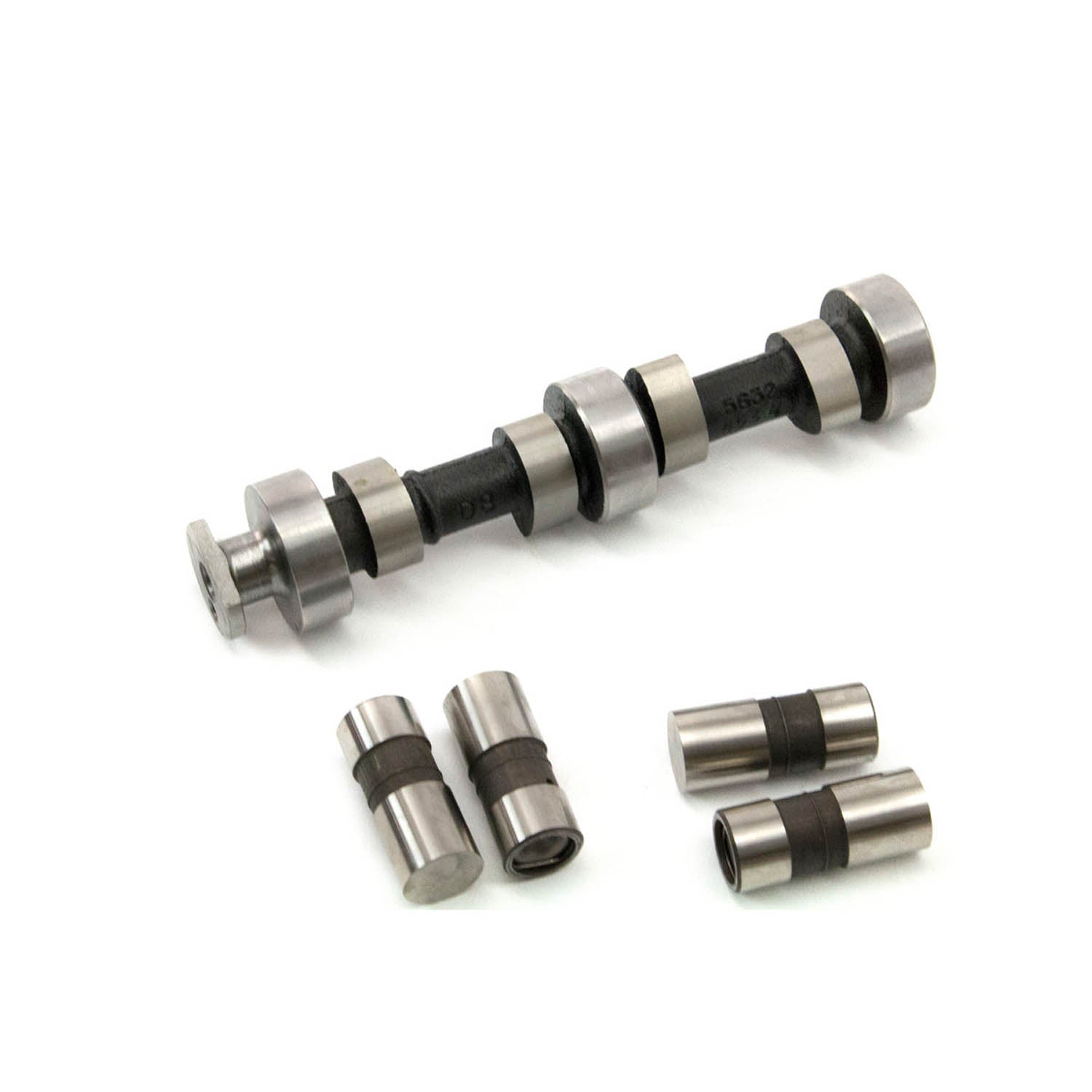 Metal camshaft kit including one long shaft with multiple lobes and four smaller cylindrical lifters, designed for ATV.