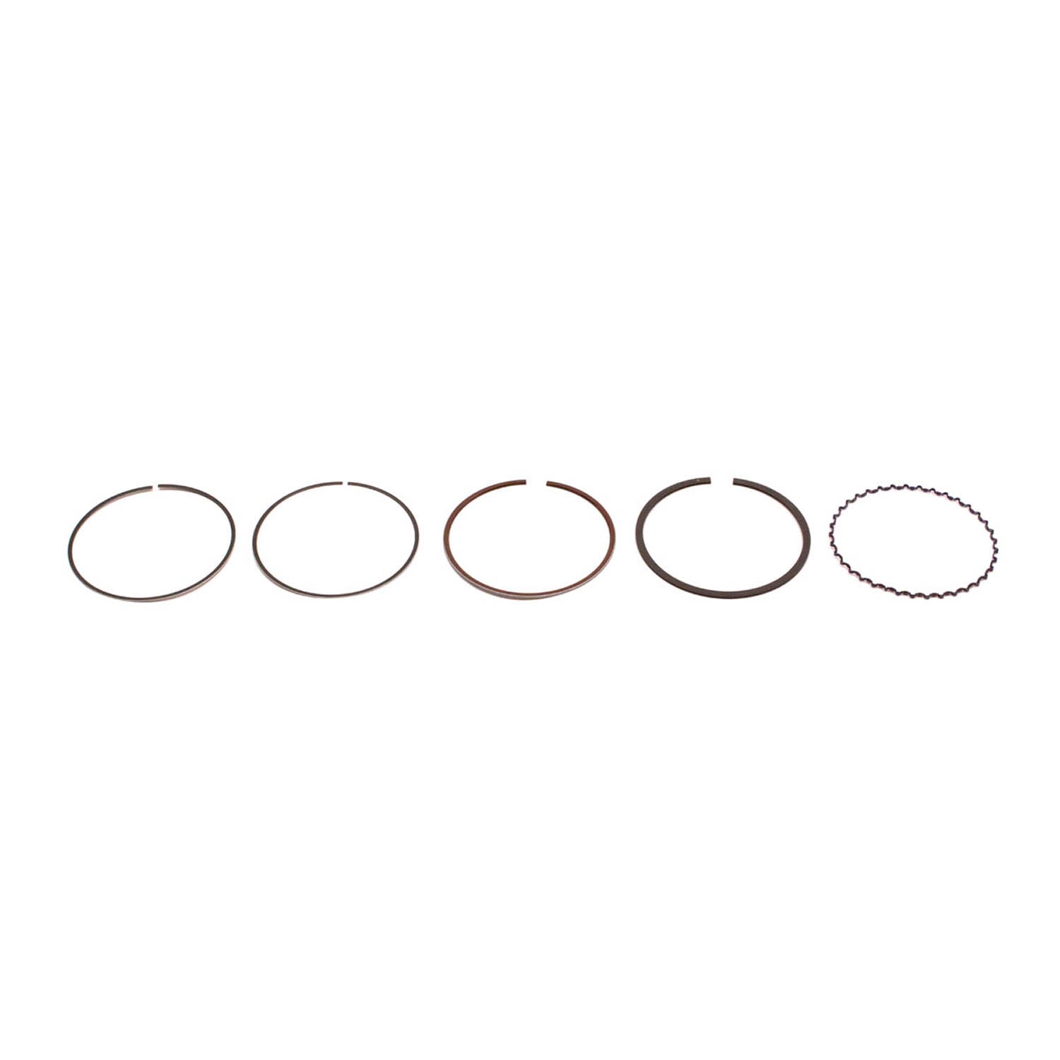 Set of five metal piston rings in varying sizes and profiles, designed for engine fitment, arranged in a row on a white.
