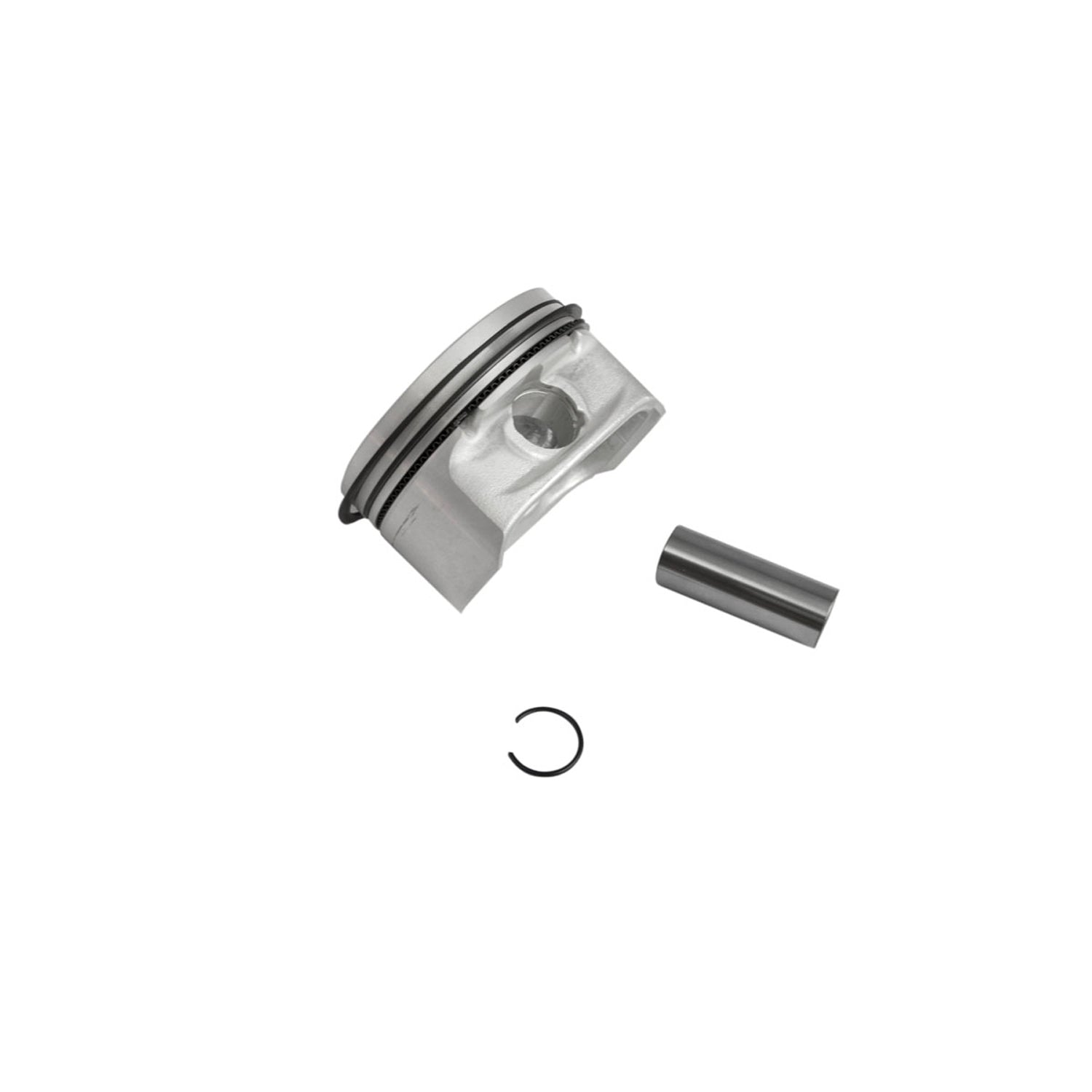 Silver metal piston with grooves, cylindrical pin, and small circular clip against white background.