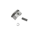 Silver metal piston with grooves, cylindrical pin, and small circular clip against white background.