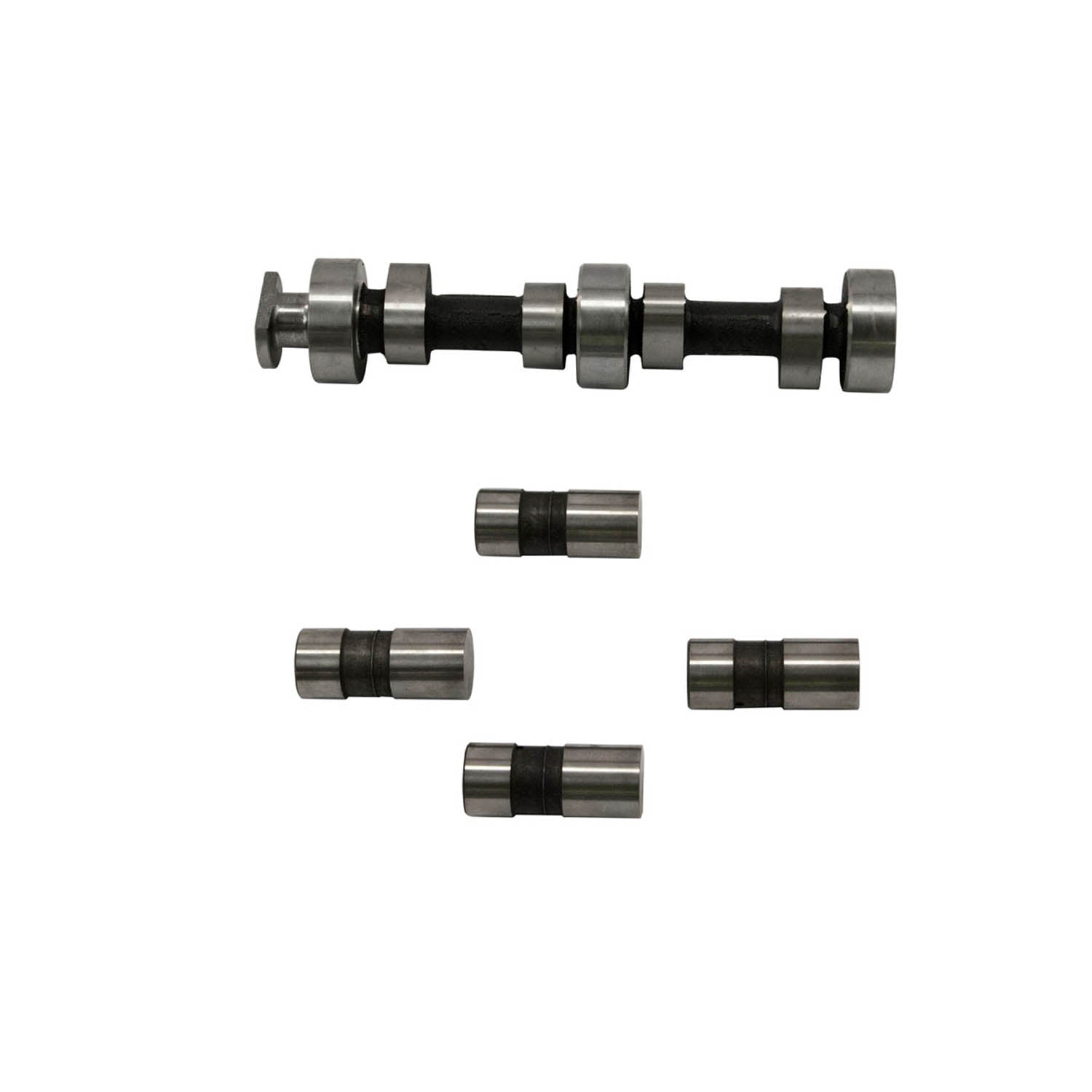 Black steel camshaft with five matching cylindrical lifters designed for Polaris engines.