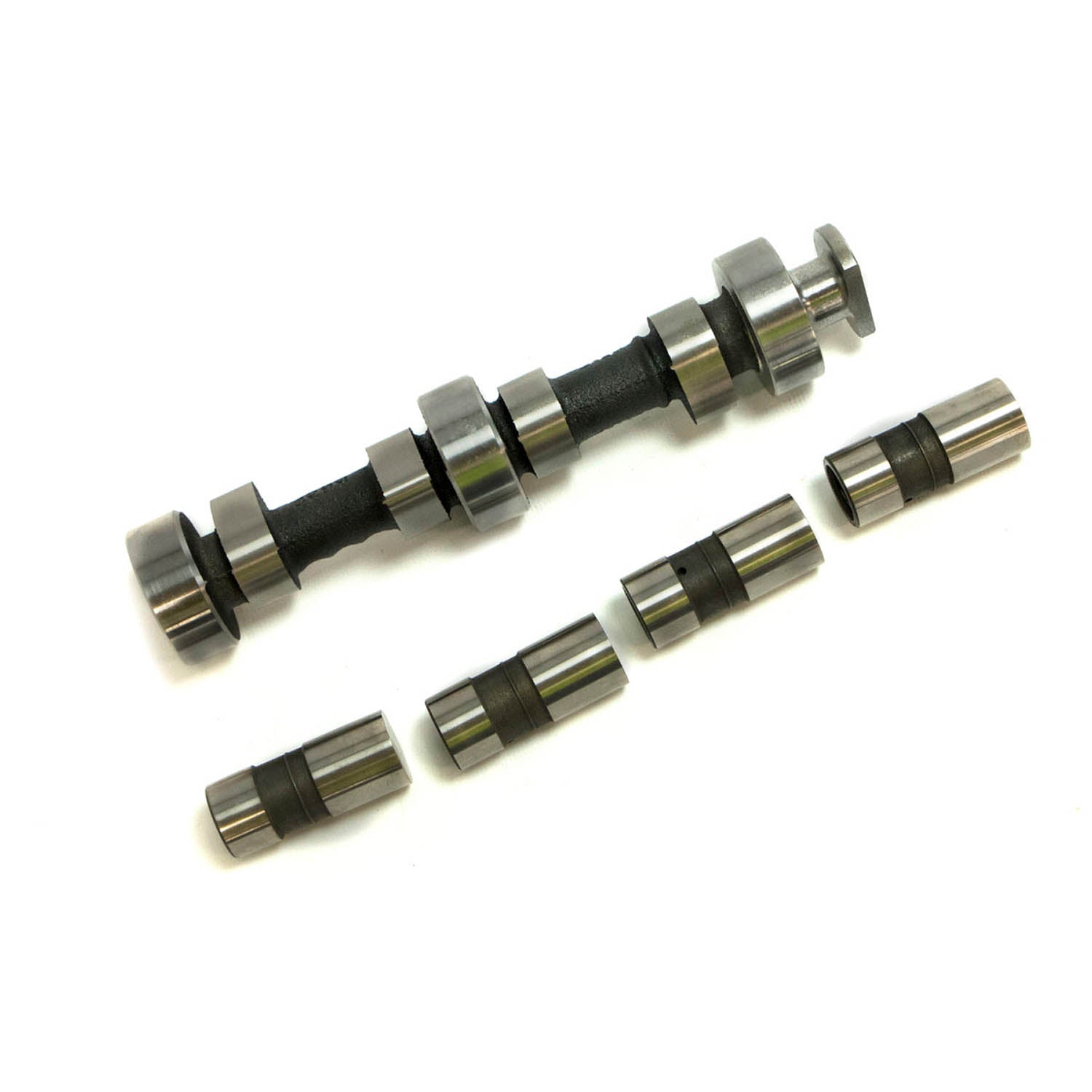 Set of metal camshaft components including a main camshaft and three lobed cylindrical parts on a white background.
